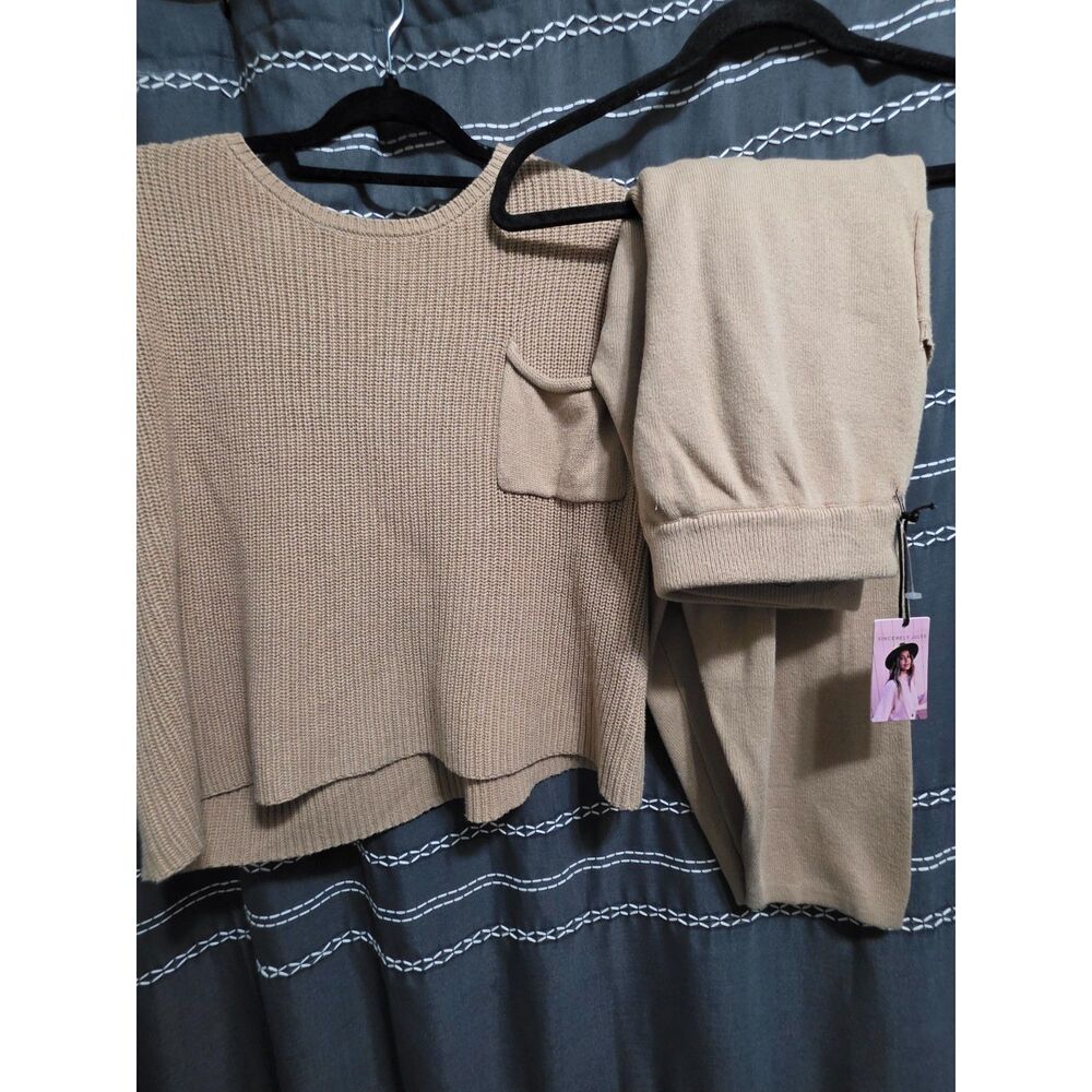 Sincerely Jules Beige Knit Sweater Top & Pants 2 Piece Set Size L NWT